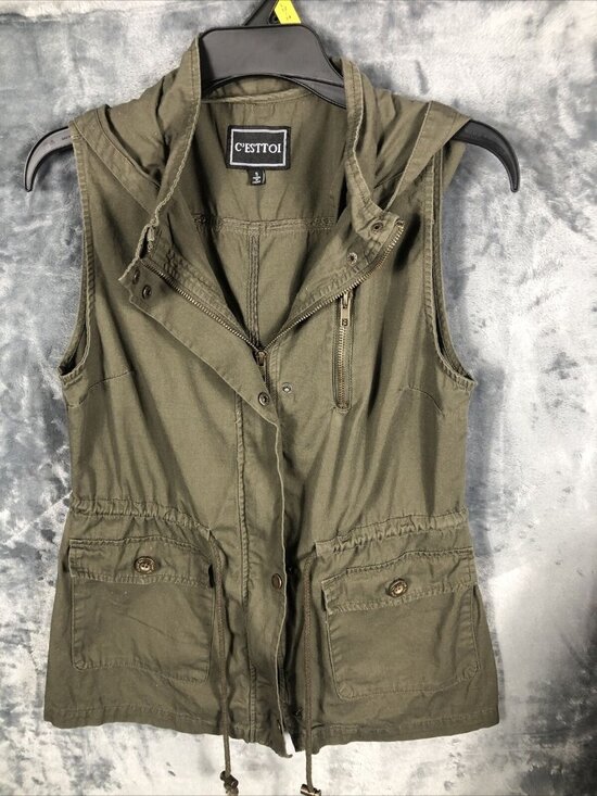C'Esttoi Tops - CEsttoi Womens Olive Green Sleeveless Utility Vest Jacket With Drawstring Waist